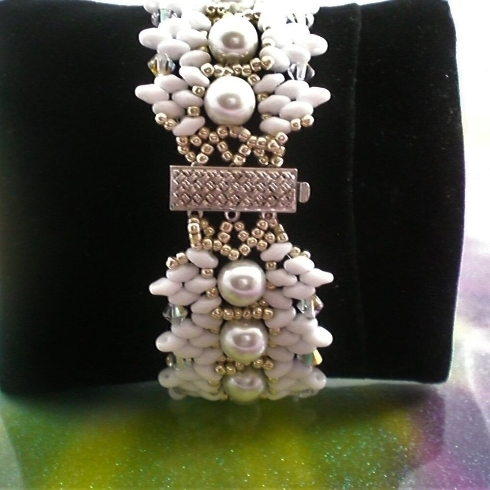 Genesis Pearl Wedding Bracelet; Hand Beaded, Couture, Wedding, White Pearls - Picture 4 of 5